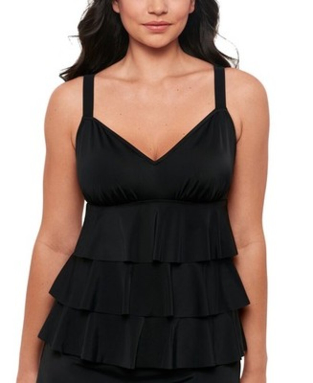 Swim Solutions Black Swan Tiered Ruffle Tankini Top Women's 16 Black Pullover